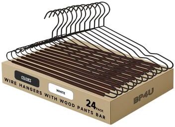BP4U Heavy Duty Metal Clothes Hangers with Pants Bar, Wire Hangers with Beech Wood Trouser Bar for Sweaters, Jackets, Jeans