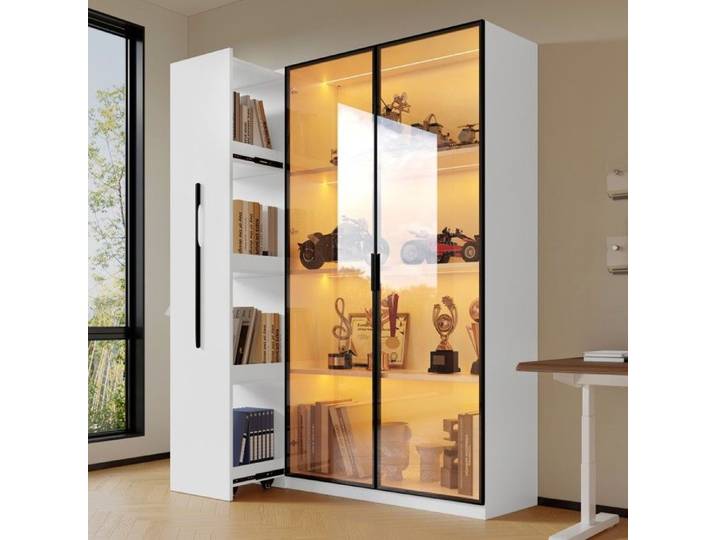 Vitrine Blanche 110.5x35x160cm Verre LED tiroir coulissant avec roulettes meuble multifonction moderne salon salle de bain