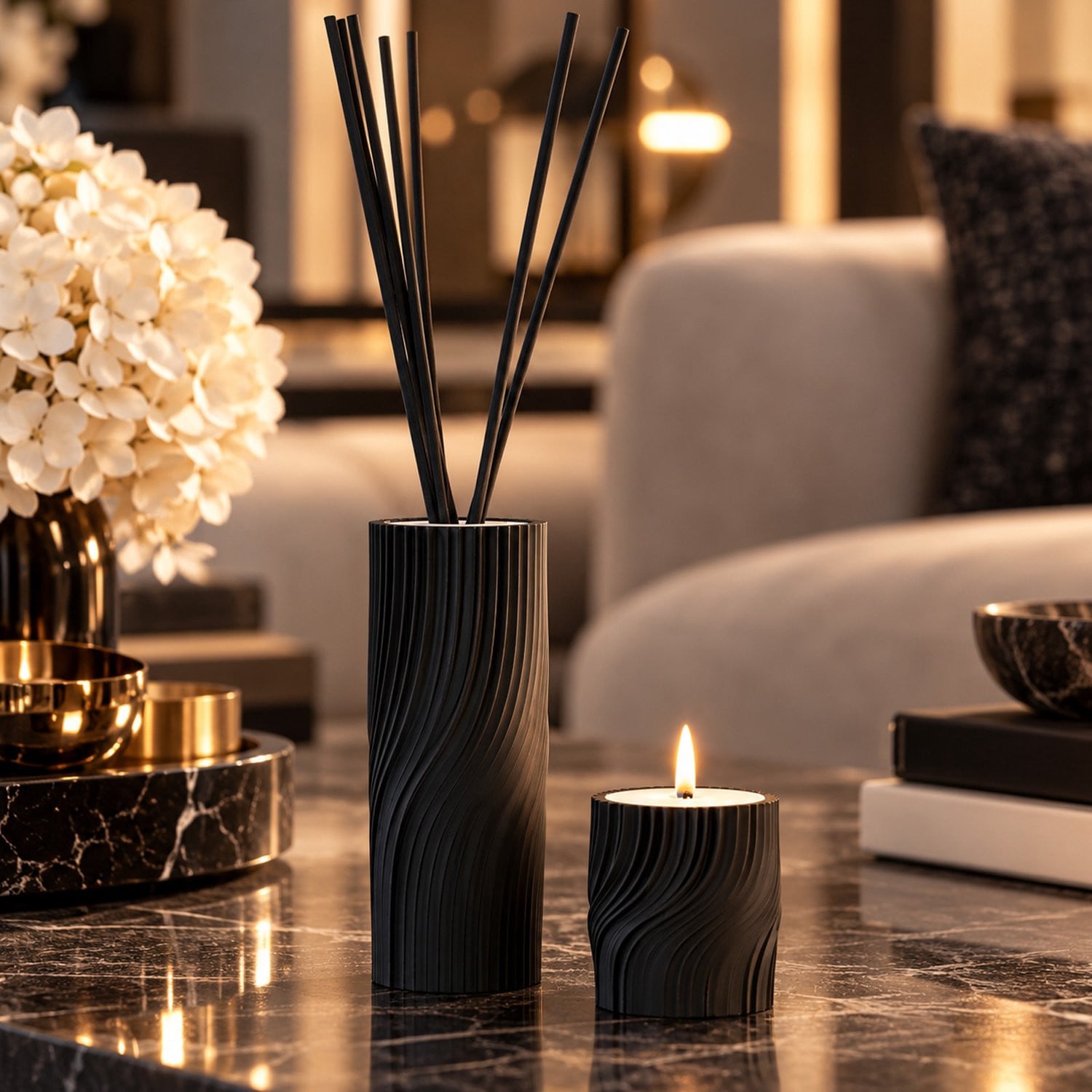 Giftset Infinity Zwart met Geurstokjeshouder, Oplaadbare LED Kaars en Huisparfum Black Diamond