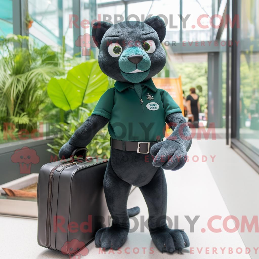 Maskottchenfigur REDBROKOLY eines waldgrünen Jaguarundi bekleidet mit Caprihose und Aktentasche