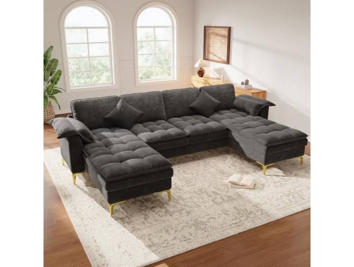 Merax U-Form Ecksofa mit 2 Chaiselongues, 4-Sitzer Couch für Wohnzimmer, Chenille-Bezug in Cloud-Optik mit doppellagigen Schaumkissen, Taschenfederkern, goldene Metallfüße, 262x134x86 cm, Grau