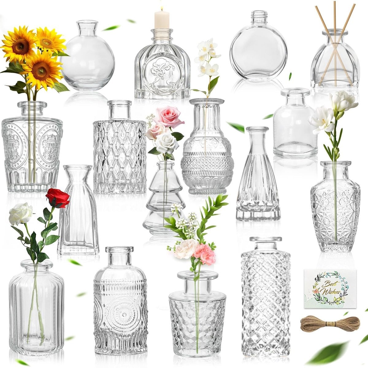 Omgoods - Set van 16 mini glazen vazen voor tafeldecoratie