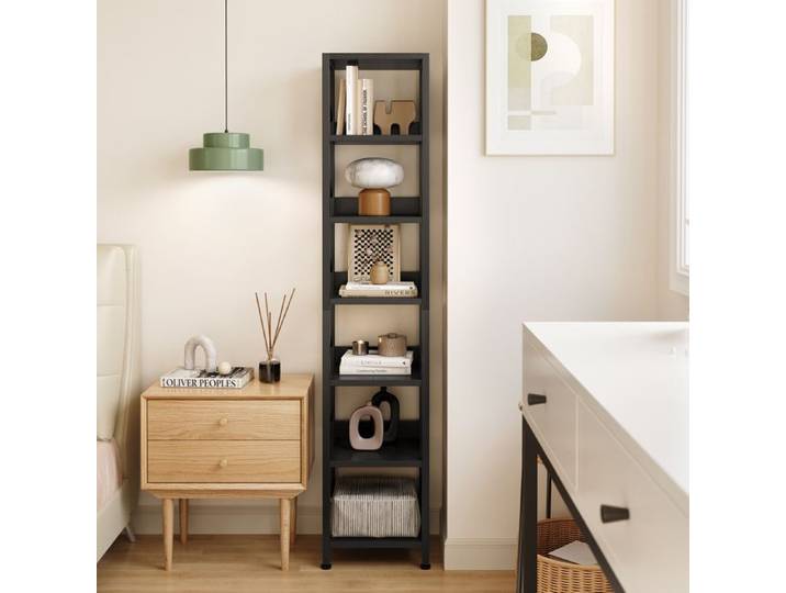 KOIOPLIE Bibliothèque étroite et haute 6 niveaux 168 cm étagère ouverte verticale style industriel cadre métal noir plateaux Noir