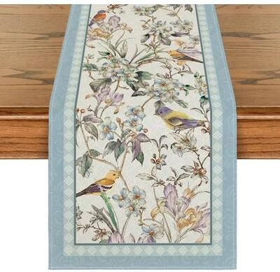 Uplifted Finds Blue Birds & Spring Blossom Linen Table Runner   Durable Chinoiserie Wedding Decor 150 X 33 Cm 59 X 13 In