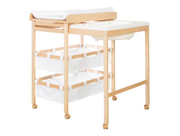 Bade-Wickel-Kombi 'Baby Pool', ausziehbar Tisch mit Badewanne, Holz natur, Auflage weiß