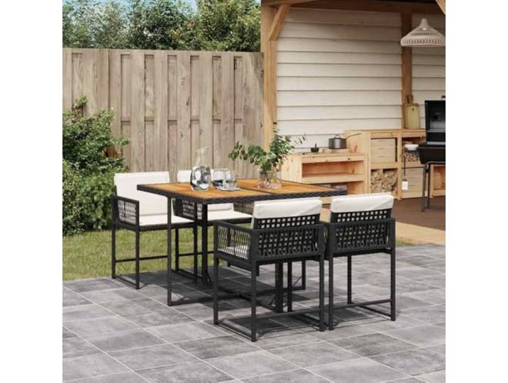 HEFZGDB 5-TLG. Garten-Essgruppe mit Kissen Schwarz Poly Rattan, Klappstühle mit waschbaren Bezügen und Akazienholz Tischplatte für Terrasse, Langlebige Outdoor Möbel