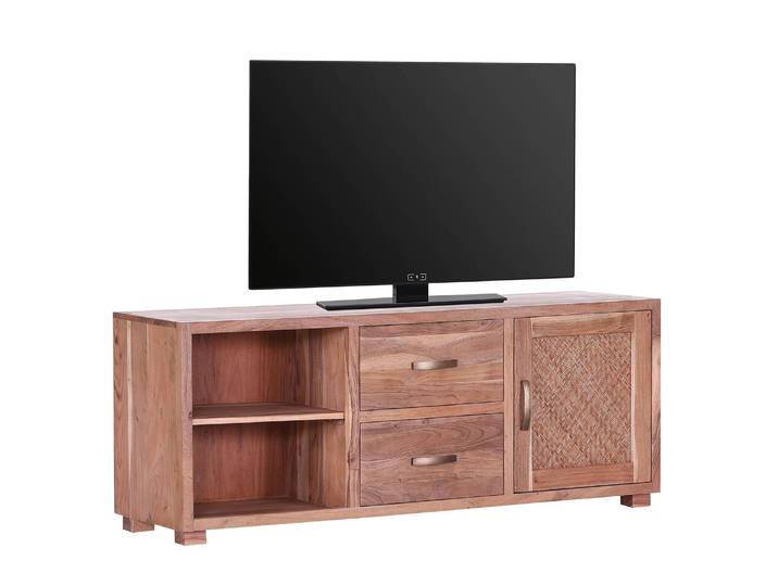 TV-Lowboard Valenton II Front: Rattangeflecht / Massivholz Akazie, smoked & lackiert Korpus: Massivholz Akazie, smoked & lackiert Braun 145 x