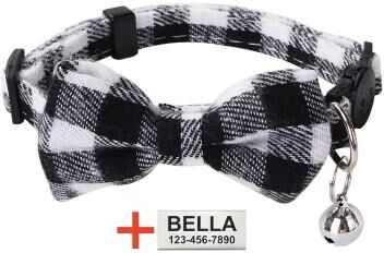 Inspired Finds Personalized Plaid Breakaway Cat Collar With Bell & ID Tag white Bowtie