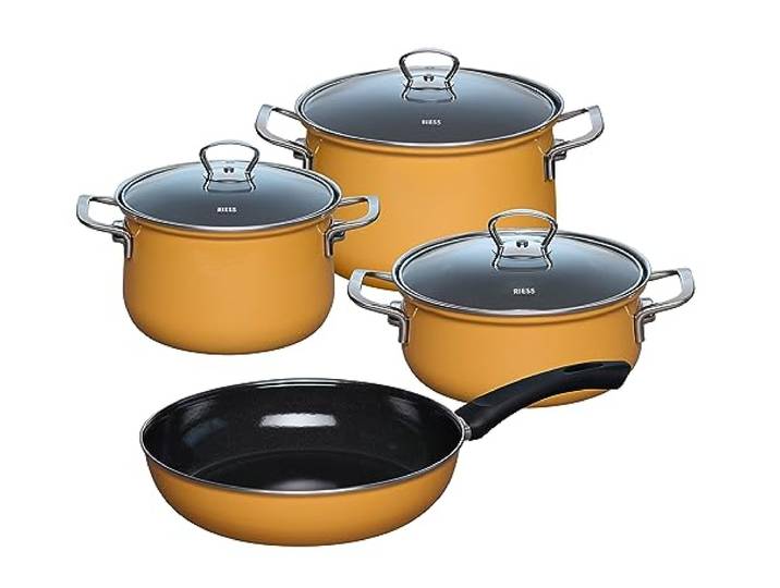 Riess, 0519-113, Starterset 4-teilig, ORANGE, Orange, Emaille, Made in Österreich, LBH: 28,5x48,5x24,0cm, 7,570kg, Induktionskocher kompatibel, Gasherd geeignet, Elektroherd geeignet, Ofenfest