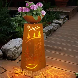 Dekosäule Pflanzenschale Blumenschale Gartendeko Außenlampe Pflanzsäule mit Weihnachtsmotiv, Metall Rost, Akku enthalten Timer, 1x LED warmweiß, H 59 cm