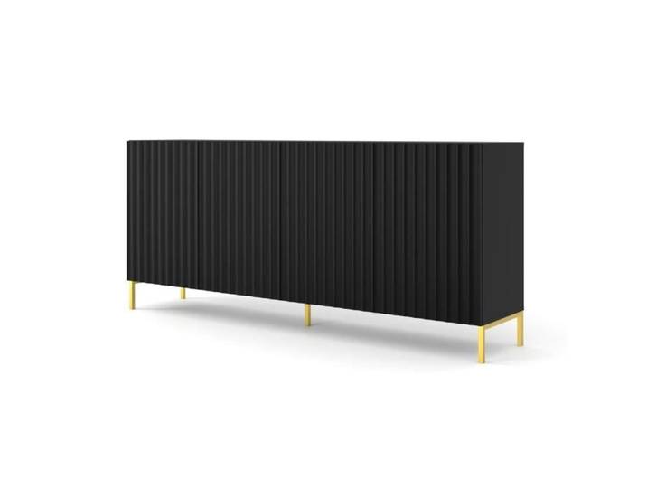 Commode WAVE 200 cm Buffet 4D façades fraisées noir mat sur pieds dorés