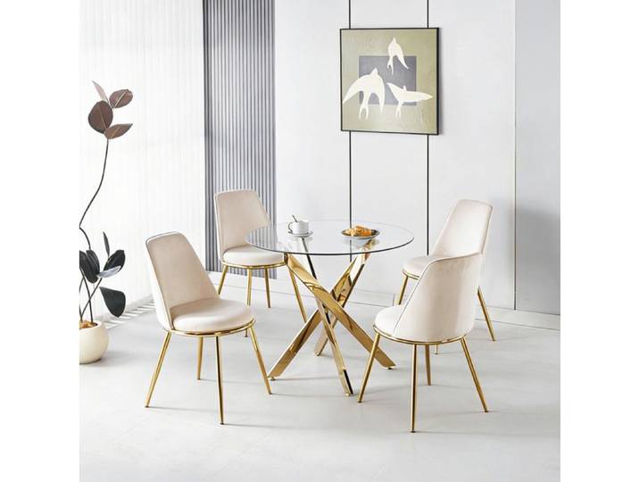 MEULVA Ensemble table à manger ronde en verre avec 4 chaises velours blanc crème pieds dorés