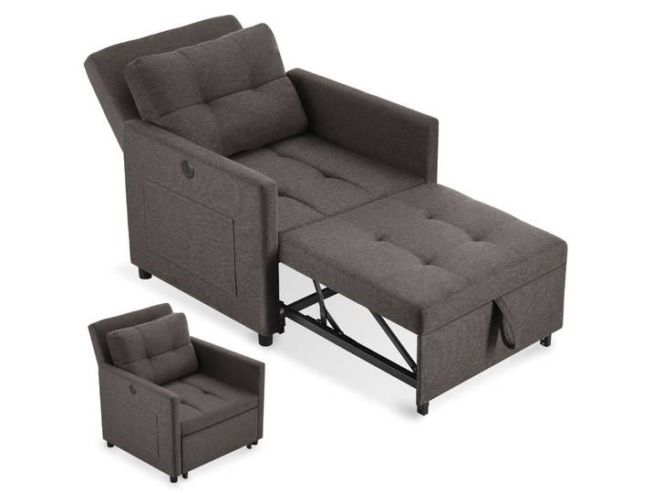 Fauteuil-lit 3-en-1\, Dossier Réglable En 6 Positions\, Gris Foncé
