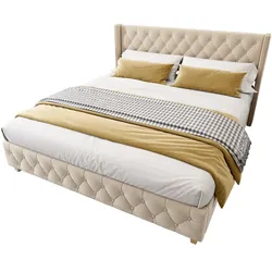 OKWISH Luxuriöses Samt-Polsterbett 180 mit Knopf-Tufting, Nietenverzierungen und verstärkten Bettbeinen Elegantes Design Leicht Beige