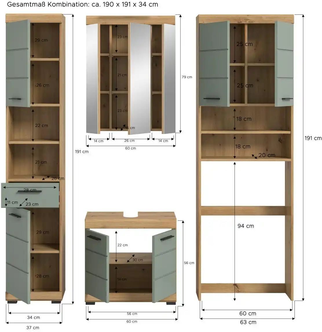 Höffner Badmöbel-Set SCHLOONSEE  4 teilig  bestehend aus: Hochschrank  WBU