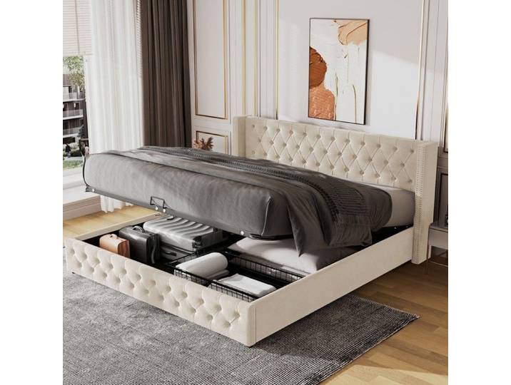 Lit- Zukavenir- en flanell Ohrenform Doppelte Nietenreihe Knopfnähte Kopf-und Fußende Doppelbett 180*200- 180x200cm