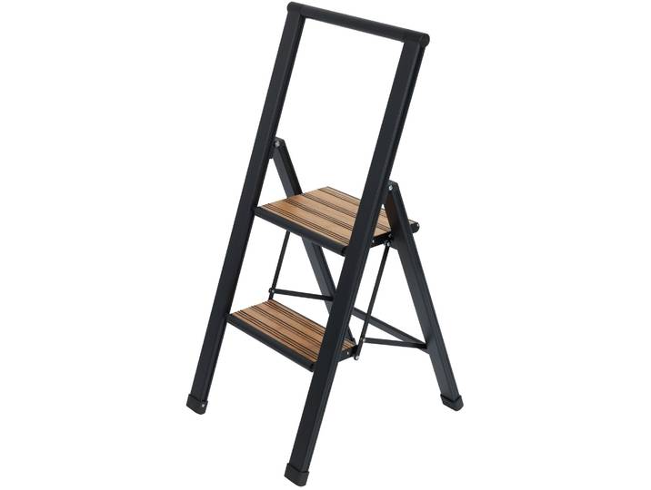 Trittleiter WENKO Modell Alu-Design , schwarz (schwarz, schwarz), B:44cm H:101cm L:5,5cm, Aluminium, Kunststoff, Leitern, Trittleiter, rutschsichere XXL-Stufen, robustes Aluminium in Kombination mit Bambus