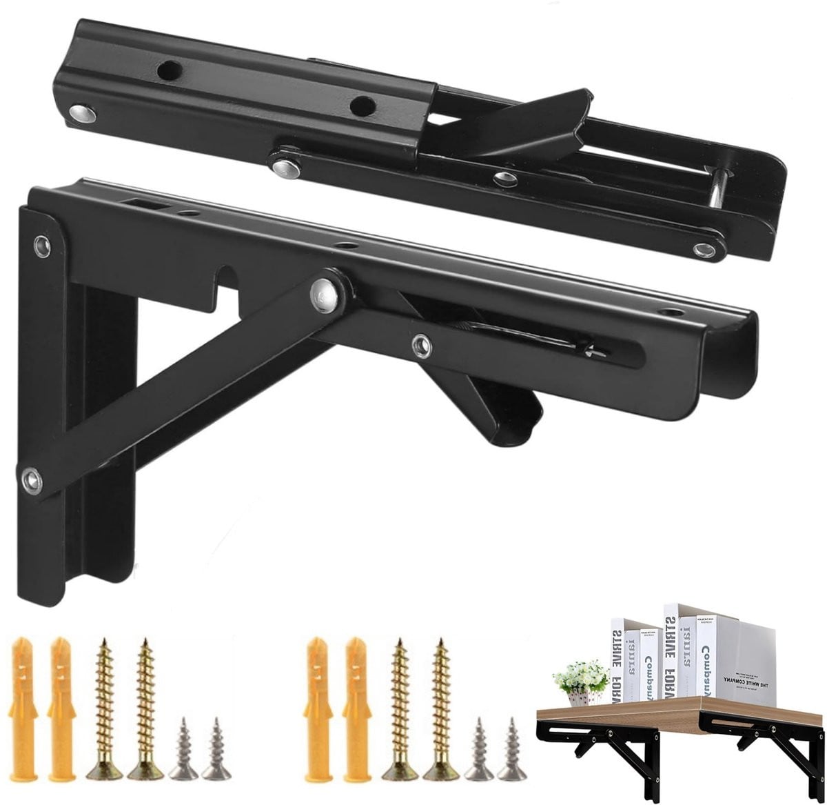 Set van 2 zwarte opvouwbare plankbeugels van 8 inch voor wandmontage