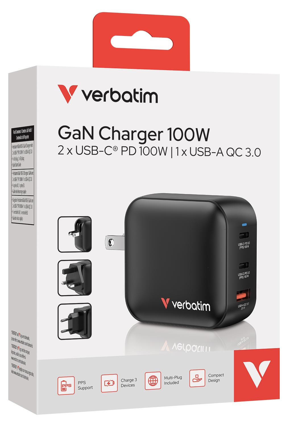 Verbatim Mini GaN Charger 3 Port 100W (EU/UK/US)