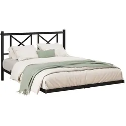 OKWISH Doppelbett Metall Schwarz 120x200 cm mit LED-Beleuchtung, Ladestation und Kopfteil, schwebende Optik