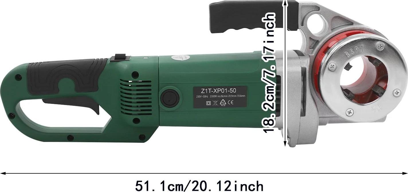 Elektrisches Rohrgewindeschneidgerät - Tragbare Gewindemaschine 2300W - 230V AC - 6 Schneidköpfe 1,3-5,1 cm - Für Rohre Ø 21-60 mm - 26 U/min Kupfermotor - Mit Koffer - Dunkelgrün/Silber