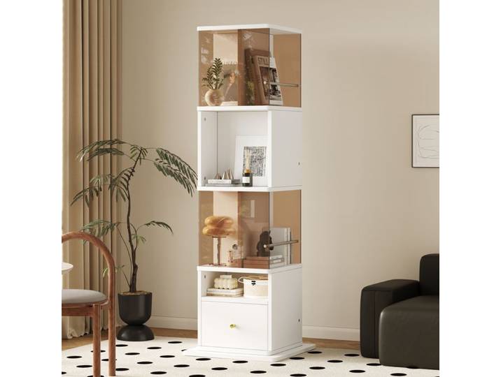 Vitrine tournante 360 degrés en verre trempé marron avec tiroir 50x50x160cm.