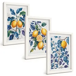 BILDER SET 3er Set - 20x30 cm Weißer Rahmen - Zitronenzweige mit blauen Blättern