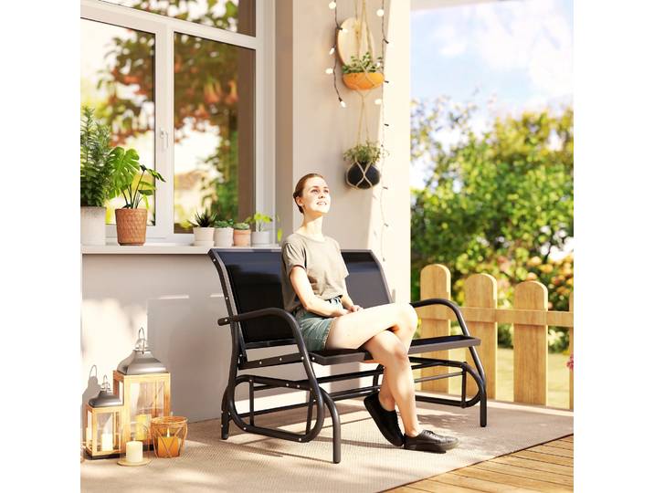 Outsunny Banc Bascule Jardin 2P Confort Métal Textilène Noir