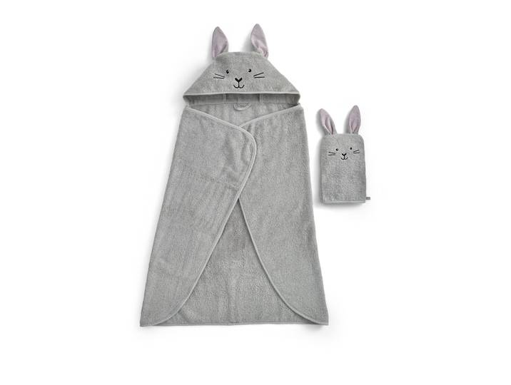 Handtuch Set CHRISTY Christy Baby Hase , grau, 2 Stk., Walkfrottier, Walkfrottier, Obermaterial: 100% Baumwolle, Handtuch-Sets, Handtuch Set, 1 Kapuzen-Badetuch (95x90 cm) und 1 Waschhandschuh (23x15 cm)