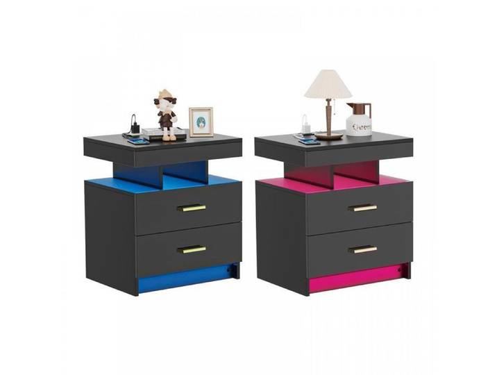 LED Table de chevet noir - PIPIPOXER - Lot de 2 - Avec 2 Prises 2 Ports USB - 50x40x58 cm