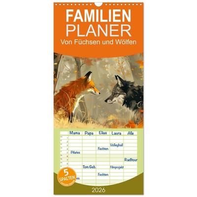 Familienplaner 2026 - Von Füchsen und Wölfen mit 5 Spalten (Wandkalender, 21 x 45 cm) CALVENDO