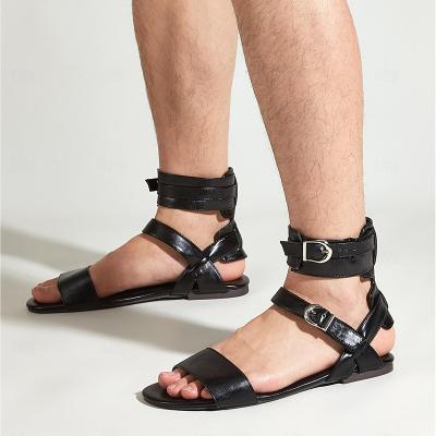 LightInthebox Men's Black Gladiator Sandals – Faux Leather Ankle Strap Flat Sandals with Buckle Closure for Summer Fashion, Beachwear, and Festivals