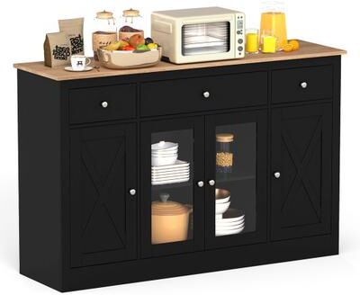 "Costway 55"" Large Buffet Sideboard Kitchen Storage Cabinet with 3 Drawers 2 See-through Doors Adjustable Shelves Wine Bar Table-Black"