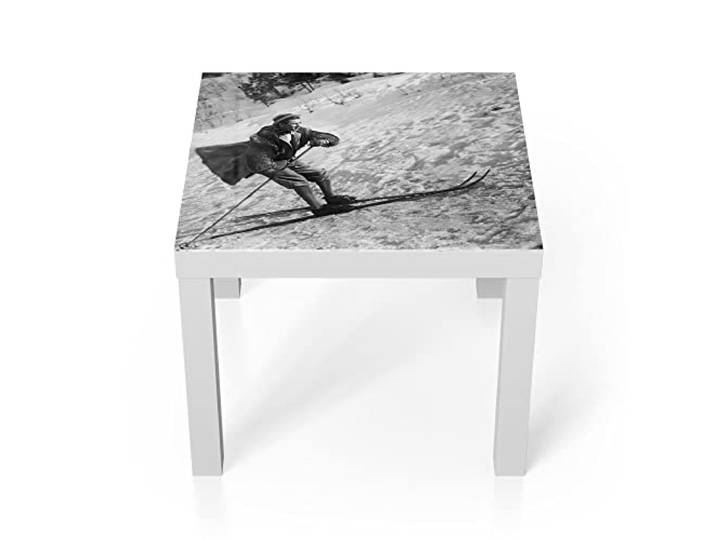 DEQORI Glastisch weiß klein 55x55 cm Motiv Casanova auf Skiern ausgefallener Beistelltisch aus Glas Hochglanz Couchtisch fürs Wohnzimmer moderner Couch Tisch mit Design