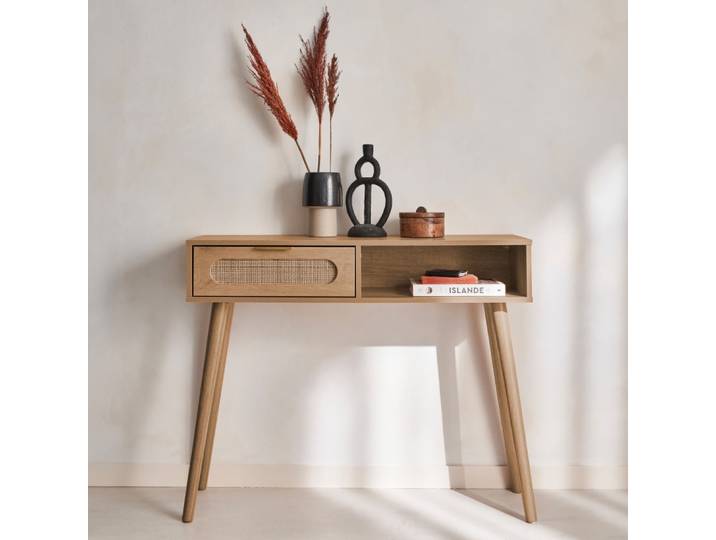 Console décor bois, cannage arrondi