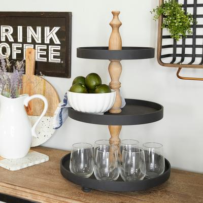 ARCILLA ELEMENTAL Black Wood 3 Level Decorative Tiered Server with Brown Post