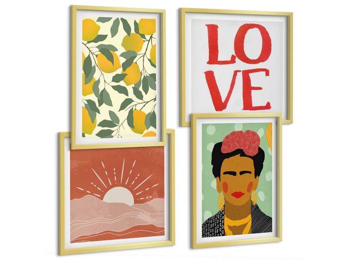 BILDER SET 4er Set - 50x50 cm & 40x60 cm Goldrahmen - Zitronen Inschrift Liebeslandschaft Frida