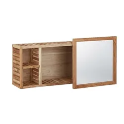 Relaxdays Wandregal mit Spiegel, Walnuss, verschiebbarer Spiegel, geöltes Holz, 80 cm breit, besonders fürs Badezimmer, natur