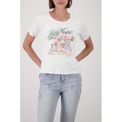 Rundhalsshirt MONARI "Shirt Frauen gezeichnet", Damen, Gr. 44, weiß (ecru gemustert), Web, Obermaterial: 100% Baumwolle, bedruckt, gemustert, mehrfarbig, regular fit taillenbedeckt, Rundhals, eingesetzt abgesteppte Kante, Shirts Rundhalsshirt, mit...