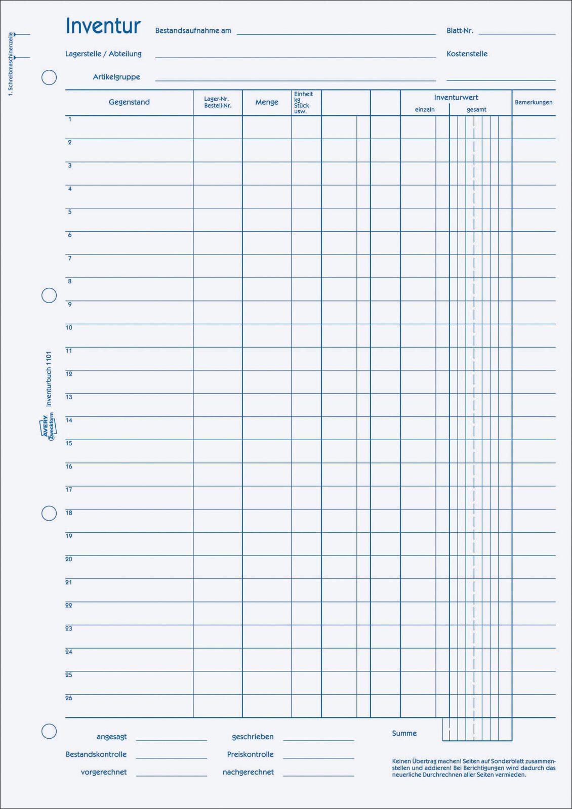 AVERY Zweckform Inventurbuch DIN A4 1x 50 Seiten 1101