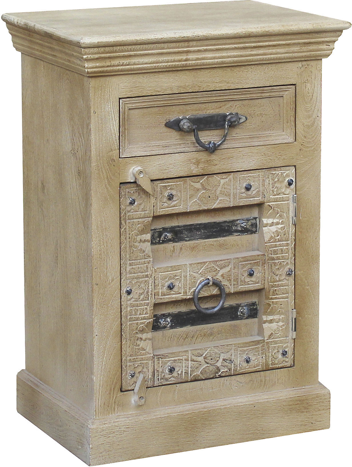 Kommode SIT "Dresden aus Mangoholz mit Schnitzereien, Tür & Schublade", beige (natur), B:50cm H:72cm T:35cm, Massivholz, Sideboards, Kommode, Aufwändige Schnitzereien