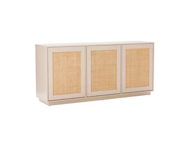 Sideboard Boho in Holzoptik und Geflecht aus natürlichem Rattan, 3 Türen, 160 cm