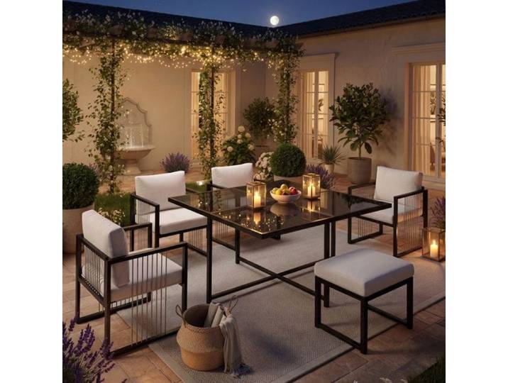 Ensemble Table Chaises de Jardin 6 Personnes Table Carrée 117x117cm Verre Trempé 4 Fauteuils 2 Tabou ENSEMBLE TABLE CHAISE DE JARDI