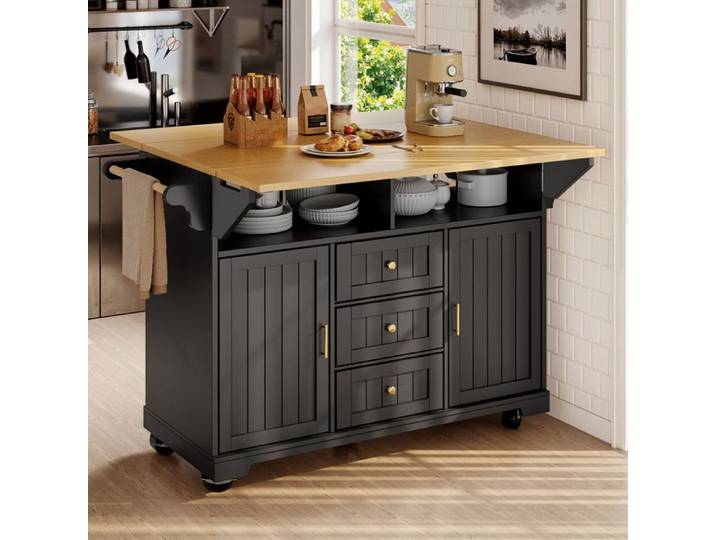 Ilot central cuisine 120x40 (80)x95 cm avec roulettes extensible des 2 côtés Ilot central avec porte-serviettes et porte-épices