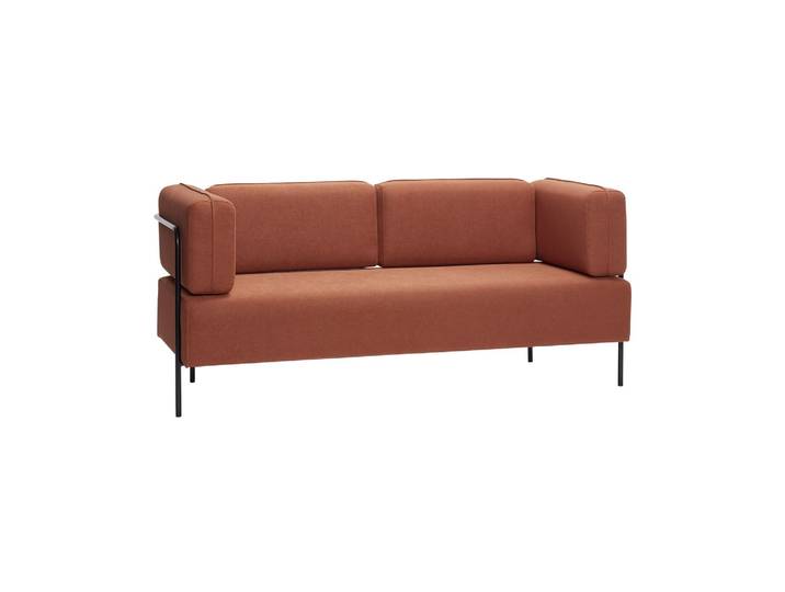 Canapé 3 places en tissu polyester orange, fixe, 4 coussins, pied