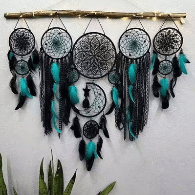 Uplift Curations Boho Macrame Dream Catcher Set Moon Wall Hanging Home Decor peacock Blue