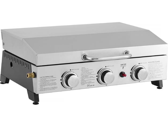 Plancha à gaz avec 3 bruleurs et couvercle en métal Fasto - 7,5 kw - Gris