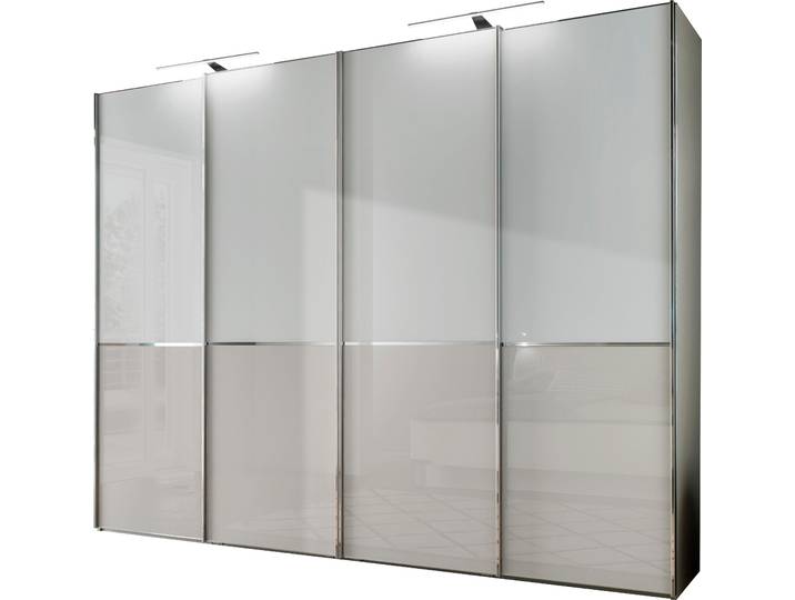 Schwebetürenschrank WIEMANN Shanghai, Made in Germany , weiß (weiß, kieselgrau), B:300cm H:217cm T:67cm, Schränke, Schwebetürenschrank, mit praktischer Panorama-Tür und edler Glasfront, lautlos gleitend