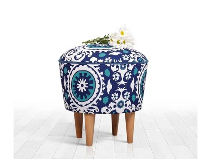 Atelier Del Sofa Traditioneller Pouf mit Holzbeinen, blau-weiß, 42 x 42 x 42 cm 100% Mikrofaser, 6 cm orthopädischer Schaumstoff Elegantes Damastmuster für Wohnbereiche