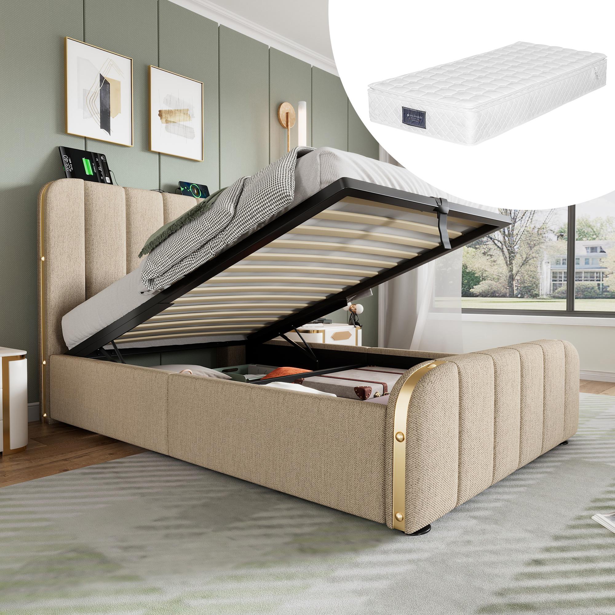Polsterbett Einzelbett, gepolstertes Kopfteil mit goldenen Zierstreifen und ,USB Typ-C Ladefunktion 90*200 cm